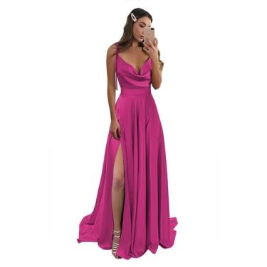 Imagem de Vestido de baile Monvelli de cetim com gola sem encosto e fenda fúcsia