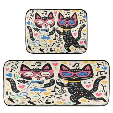Imagem de STAYTOP 2 tapetes engraçados de gatos de desenho animado de cozinha, 2 peças, tapete de entrada frontal, antiderrapante, alivia a fadiga, lavável, tapete para cozinha, quarto, varanda