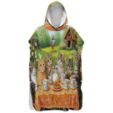 Imagem de Joisal Cats Tea Party Poncho de surf verde para adultos trocador de roupa de praia com capuz toalha de banho leve ponchos femininos com capuz