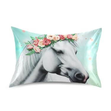 Imagem de Fronha de cetim linda aquarela cinza cavalo floral animal rei rainha fronha padrão personalizada decoração de cama tamanho padrão 66 cm x 50 cm
