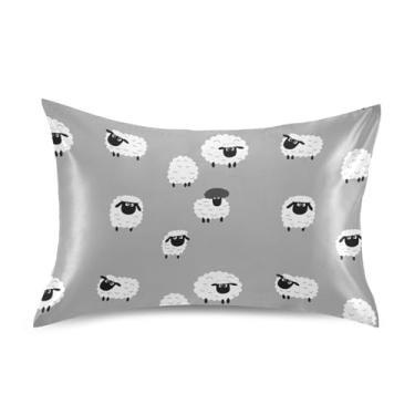 Imagem de Lindas fronhas de cetim preto branco ovelha cinza floral refrescante king queen almofadas padrão chinelos arte fofa capa de almofada macia para cama tamanho padrão 66.0 cm x 50.8 cm