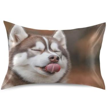 Imagem de Capas de almofada de cetim engraçadas arte lambendo husky capa de travesseiro confortável padrão king queen decoração de cama de casa, tamanho padrão, 66 cm x 50 cm