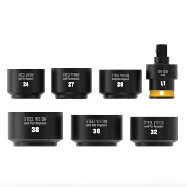 Imagem de Steel Vision Conjunto de soquete de filtro de óleo de perfil baixo de 7 peças, 3/20.3 cm, métrico 24 mm, 27 mm, 29 mm, 32 mm, 36 mm, 38 mm, soquete giratório de junta U, aço cromo vanádio, design de 6