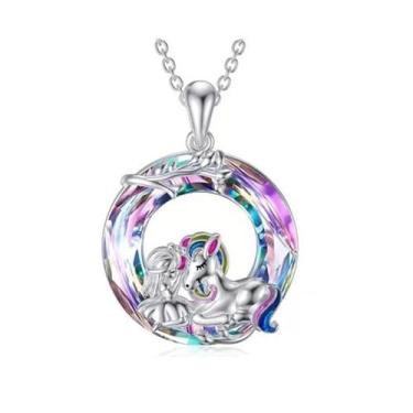 Imagem de Colar feminino com pingente de unicórnio de cristal brilhante com strass colorido, joia de unicórnio, zinco, sem pedra preciosa, Zinco, Sem Pedra Preciosa