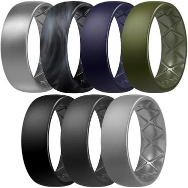 Imagem de Egnaro Anéis de silicone masculinos de 8 mm de largura e 2,5 mm de espessura, multipack de alianças de casamento ergonômicas de borracha para ele, sulcos respiráveis para treino, 6.5-7, Silicone, Sem