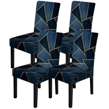 Imagem de ANNA QUEEN Conjunto de 4 capas de cadeira de mármore, capas elásticas, removíveis, laváveis para jantar, fazenda, hotel, festa, casamento (mármore azul)