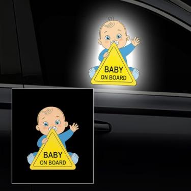 Imagem de Iprokiu Adesivo refletivo de desenho animado bebê a bordo para carro à prova d'água fofo menino menina bebê no carro decalque sinal de aviso de segurança crianças a bordo adesivo de para-choque de