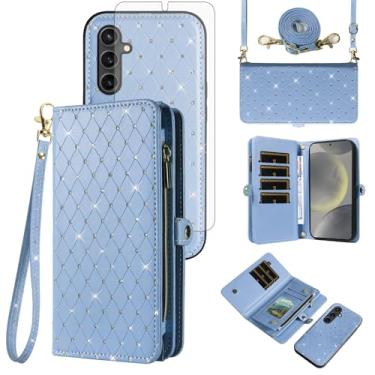 Imagem de Capa de celular para Samsung Galaxy S24 Plus S24+ 5G Carteira com zíper destacável com protetor de tela de vidro temperado, alça flip com glitter, compartimento para cartão S24plus 24S + S 24 24+