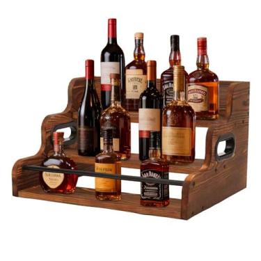 Imagem de Fengligoo Prateleira de exibição de garrafa de madeira de 3 níveis, organizador moderno de rack de garrafa de licor, prateleiras de bar de vinho de bancada marrom essenciais para armazenamento de