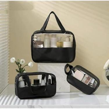 Imagem de Kit 3 Bolsas de Higiene Portátil Transparente para Cosméticos e Produtos de Higiene Pessoal – Ideal para Viagem(Kit 3 bolsa sem letras-preto)