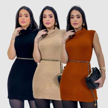 Imagem de Kit 3 Blusa Feminina Tricot Sem Manga Gola Longa Outono - Swiss Boutiq