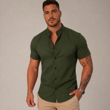 Imagem de Camisa Masculina Gola Padre Manga Curta Slim - Volgue, Verde militar, 