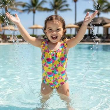 Imagem de Roupa De Praia Infantil Menina Maiô Estampado Forrado Com Proteção Sol
