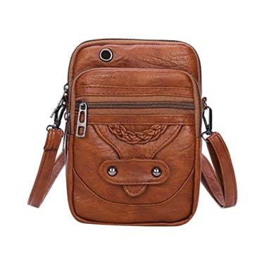 Imagem de Simhoa Bolsa tiracolo feminina de couro pequena, bolsa tiracolo com zíper em couro PU, bolsa para celular com porta-cartões, Marrom, 19x13x5cm