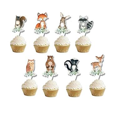 Imagem de HEETON Topo de cupcake para festa na floresta, chá de bebê, boas-vindas, raposa, tema de feliz aniversário, criaturas da floresta, decoração de festa de animais, 48 peças