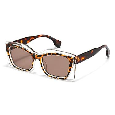 Imagem de Óculos de sol de olho de gato retangular de retalhos vintage para mulheres moda armação de cor dupla polígono branco gradiente óculos de sol, chá de leopardo, com estojo