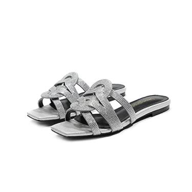 Imagem de Sandálias de verão com strass e sapatos de couro para mulheres planas com sandálias confortáveis ​​para praia e férias (Color : Silver, Size : 46EU)