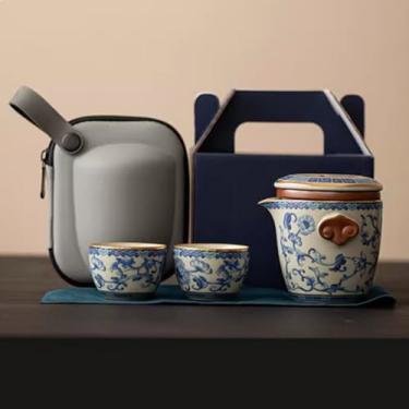 Imagem de Conjunto de chá de viagem ao ar livre bolsa portátil cerâmica uma panela duas xícaras bule de chá xícara de chá