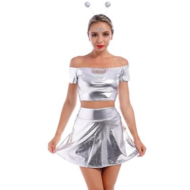 Imagem de Camiseta feminina de fantasia de alienígena metálica + minissaia holográfica + faixa de cabeça marciana roupas rave roupas Halloween cosplay, Prata (tops tomara que caia), G