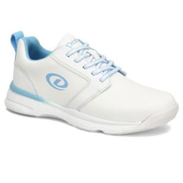 Imagem de Dexter Tênis de boliche feminino Raquel LX (para jogadores destros ou canhotos - Solas deslizantes universais em ambos os sapatos) Tênis de boliche - Branco/Azul 34