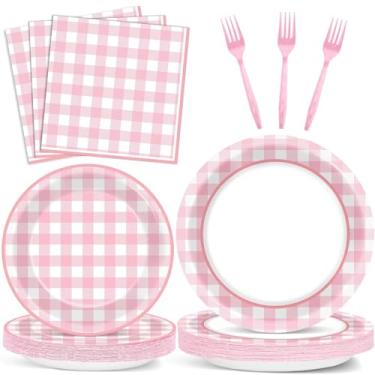 Imagem de ZOIIWA 200 peças de talheres de guingão rosa descartáveis, rosa e branco, utensílios de festa, conjunto de utensílios de jantar, pratos xadrez, suprimentos ao ar livre, meninas, churrasco, piquenique