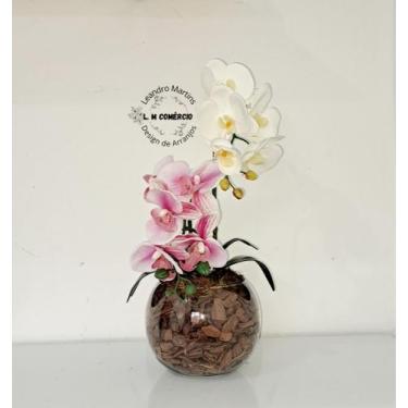 Imagem de Arranjo Orquídea Branca Com Rosa Borboleta 3D Realista Permanente Sili