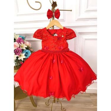Imagem de Vestido Infantil Vermelho Renda Aplique Flor Borboleta Laço - mimadine