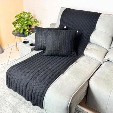Imagem de Manta Para Sofá Cama Queen 230cm x 60cm Poltrona Modelo Super Luxo com 2 Capas de Almofada em Tricot 45x45 - Premium (Preto)