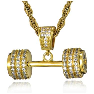 Imagem de ICEDIAMOND Colar com pingente de design de haltere de diamante Iced Out Lab, zircônia brilhante micro-pavimentada joias com pingente de hip hop para homens e mulheres, Cobre, Zircônia cúbica