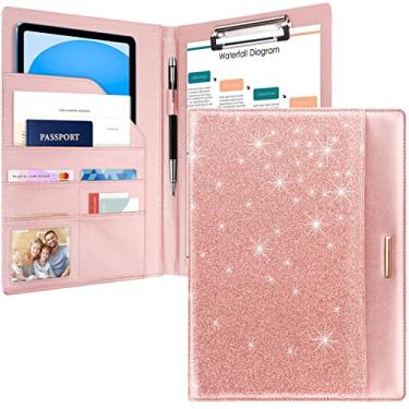 Imagem de Pasta de portfólio rosa com glitter, para mulheres e meninas, WAVEYU Cute Chic Padfolio, organizador de documentos legais para conferências/documentos legais com área de transferência tamanho A4, capa para documentos, ouro rosa