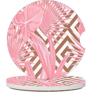 Imagem de 2 peças de porta-copos de carro rosa bonito ético absorvente porta-copos de carro de cerâmica para porta-copos com entalhe de dedo antiderrapante base de cortiça 6,5 cm mulheres homens, folha de