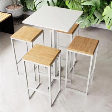 Imagem de Conjunto Mesa Alta Bar Bistrô Quadrada Branca 4 Bancos Pinus Industrial White