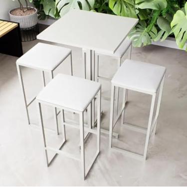 Imagem de Conjunto Mesa Alta Bar Bistrô Quadrada Branca 4 Bancos Estofado Industrial White (Branco)