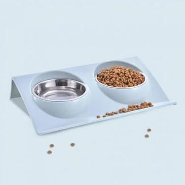 Imagem de Comedouro Duplo Para Pet Gatos e Cães Pequenos. Tigelas Inox Ração E Água Elevado Alimentador Para Animais De Estimação