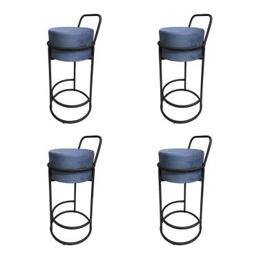 Imagem de Kit 4 Banquetas Alta Redonda Base Preta Veludo - Cinza