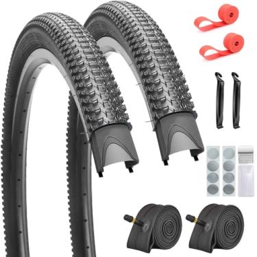 Imagem de Pacote com 2 pneus de bicicleta de 70 cm x 5 cm Mountain MTB dobráveis para bicicleta com 2 tubos internos, 2 alavancas, 2 tiras de aro, kit de remendos sem cola (27,5 x 1,95)