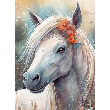 Imagem de DIAMOND ART CLUB Kit de pintura de diamante de cavalo pastel, artesanato DIY divertido para adultos, tela de arte de diamante redondo para iniciantes, 13" x 18" (33 cm x 45,7 cm)