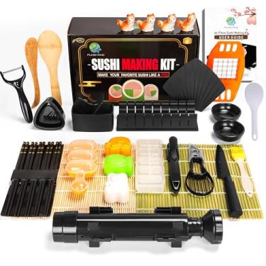 Imagem de FUNGYAND Kit de fabricação de sushi, conjunto completo 32 em 1 com rolo de bazuca, prensas Nigiri e Musubi, tapetes de bambu, faca, descascador, moldes de arroz de animais, pauzinhos e muito mais