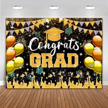 Imagem de 2,1 x 1,5 m Congrats Grade pano de fundo 2025 preto dourado formatura fundo glitter classe de 2025 festa de formatura suprimentos decoração de cenário de cabine de fotos