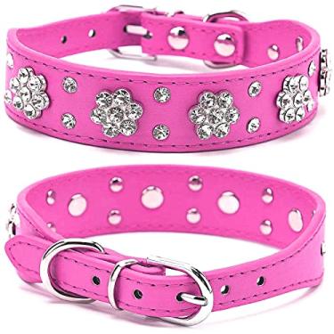 Imagem de Pimaodog Coleira para cachorro com strass, linda flor com strass coleira para cachorro colar de couro PU tamanhos ajustáveis pequeno médio grande (G: 31-37 cm, rosa choque)