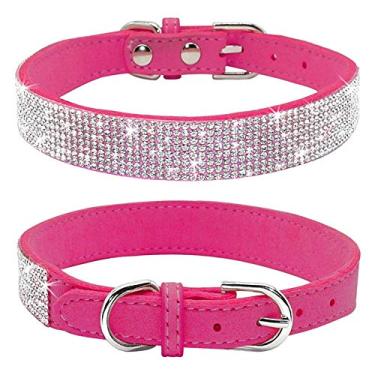 Imagem de Haoyueer Coleira de cachorro de strass, linda e cintilante couro de camurça macia para cachorro gato colar de strass diamante cristal coleira para cachorro de estimação (rosa choque,