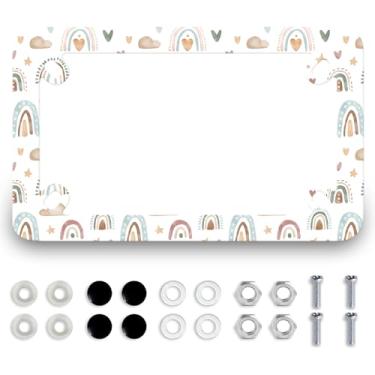 Imagem de Moldura de placa de carro hippie arco-íris motocicleta aço inoxidável metal colorido moldura placa 4 furos à prova d'água suporte de etiqueta boho acessório de motocicleta com parafusos tampas de