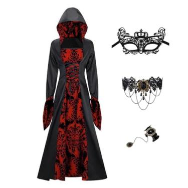 Imagem de YXYSZZ Vestido feminino de bruxa, vestido gótico medieval, vestido de vampiro renascentista, fantasia de Halloween 2025, Vermelho, XXG