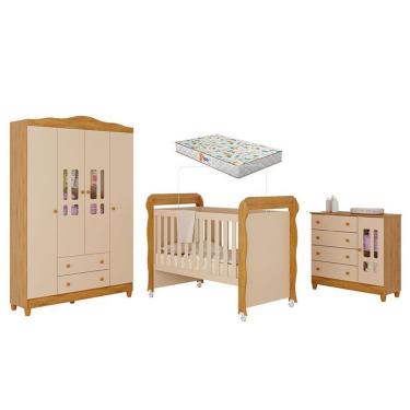 Imagem de Quarto De Bebê Ariel 4 Portas Com Berço Americano Mirelle Off White Bétula Com Colchão...
