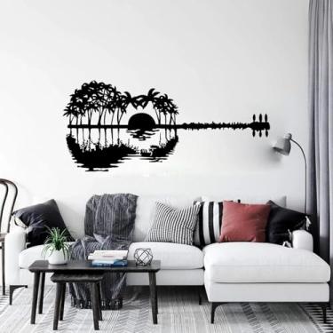 Imagem de Pintura Abstrata Pôr Do Sol Coqueiro Lago Adesivo De Parede Vinil Guitarra Adesivo De Parede Concerto Arte Decoração, Black, 57cmx25cm