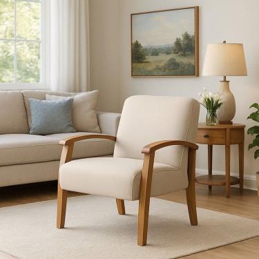 Imagem de Poltrona para Sala Tecido Courino Braços Madeira Maciça Mia Bege