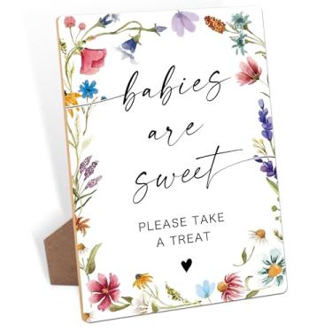 Imagem de Baby are Sweet Please Take A Treat Sign, placas florais para mesa, mesa central de madeira para chá de bebê, 20 x 28 cm, suprimentos para jogos de revelação de gênero e festas de anúncio de