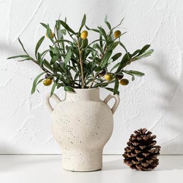 Imagem de LUKA Vaso de cerâmica antigo com 2 alças, vaso rústico de 18,5 cm, decoração minimalista, vasos decorativos para decoração de casa, mesa, sala de estar, prateleira, decoração de Natal (médio, branco)
