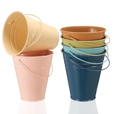 Imagem de Sadnyy Pacote com 6 pequenos baldes de metal coloridos com alça, mini balde de lata galvanizado de 11 x 12 cm para sala de aula de volta às aulas, artesanato, porta-lápis, boho, casamento, festa de