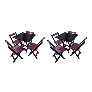 Imagem de Kit 2 Mesas de Madeira Dobrável Preto 70x70 com 4 Cadeiras Dobráveis Roxo